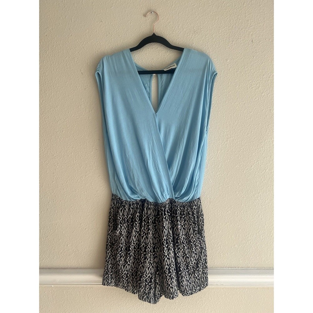 Alythea Blue Print Snap Front Romper Open Back Size Large Preppy Casual Boho